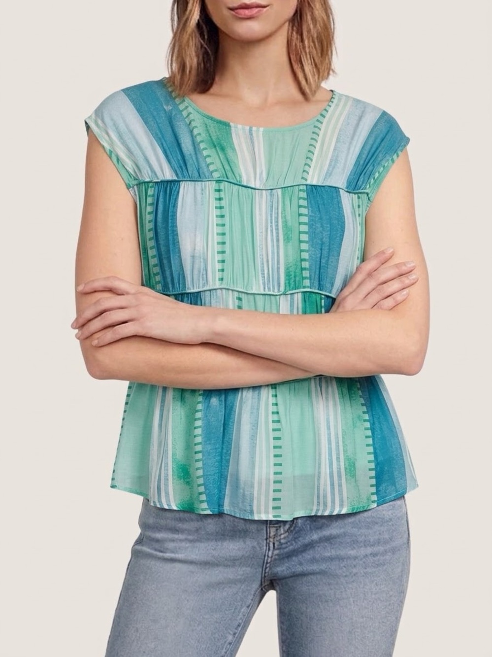 NWT Elan Woven Stripe Boat Neck Cap Sleeve Gathered Tiered Top Size Small